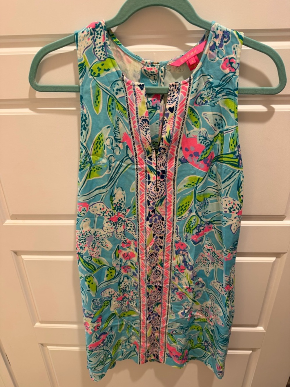 Lilly Pulitzer Aqua Floral Sleeveless Shift Dress with Pink & Green Accents - Picture 1 of 6